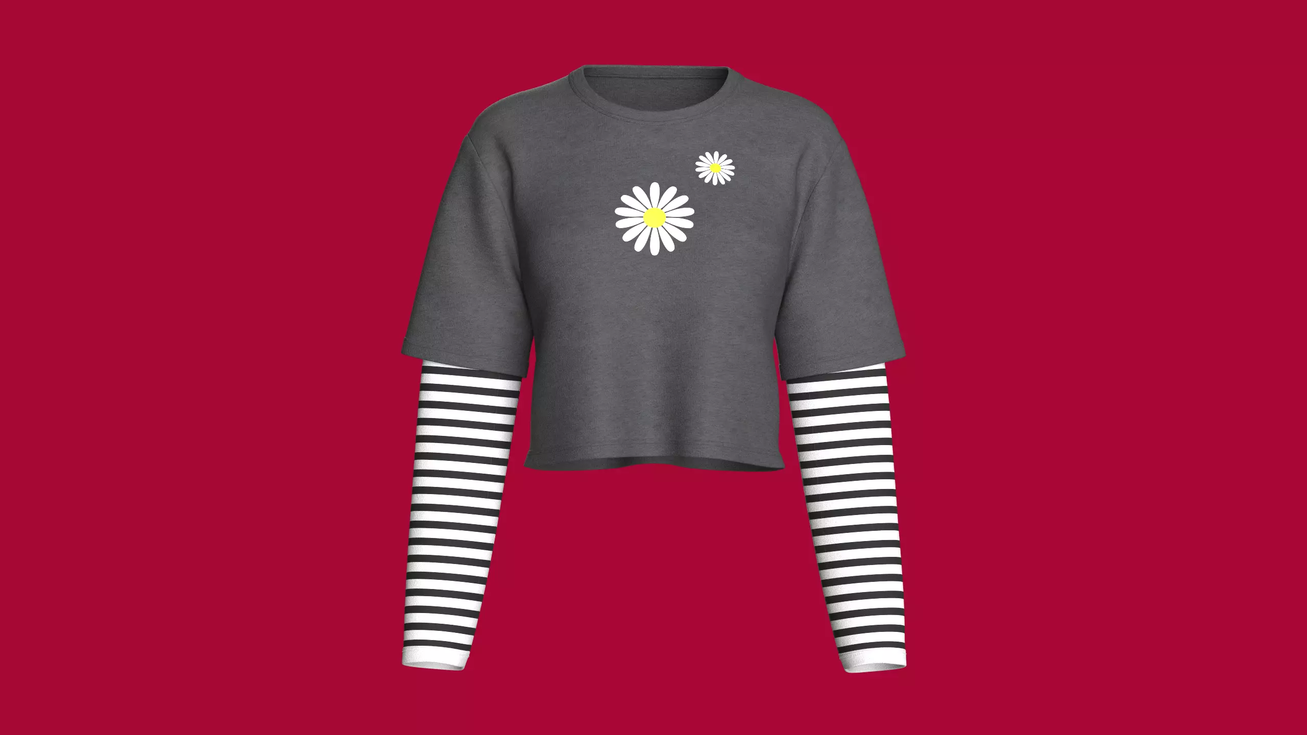 Girls Double Layer Striped Sleeve T-shirt 3D model