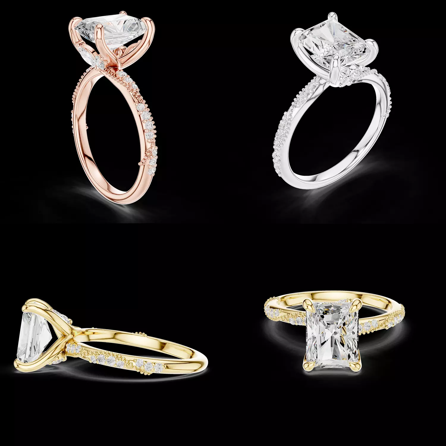 Radiant Cut Solitaire Pave Ring 3DM STL Model 3D print model