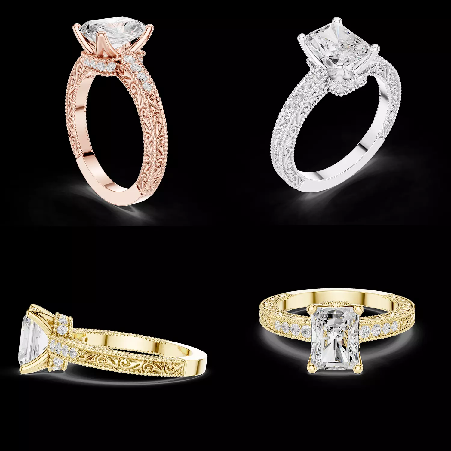 Vintage Radiant Pave Engagement Ring 3DM 3D print model