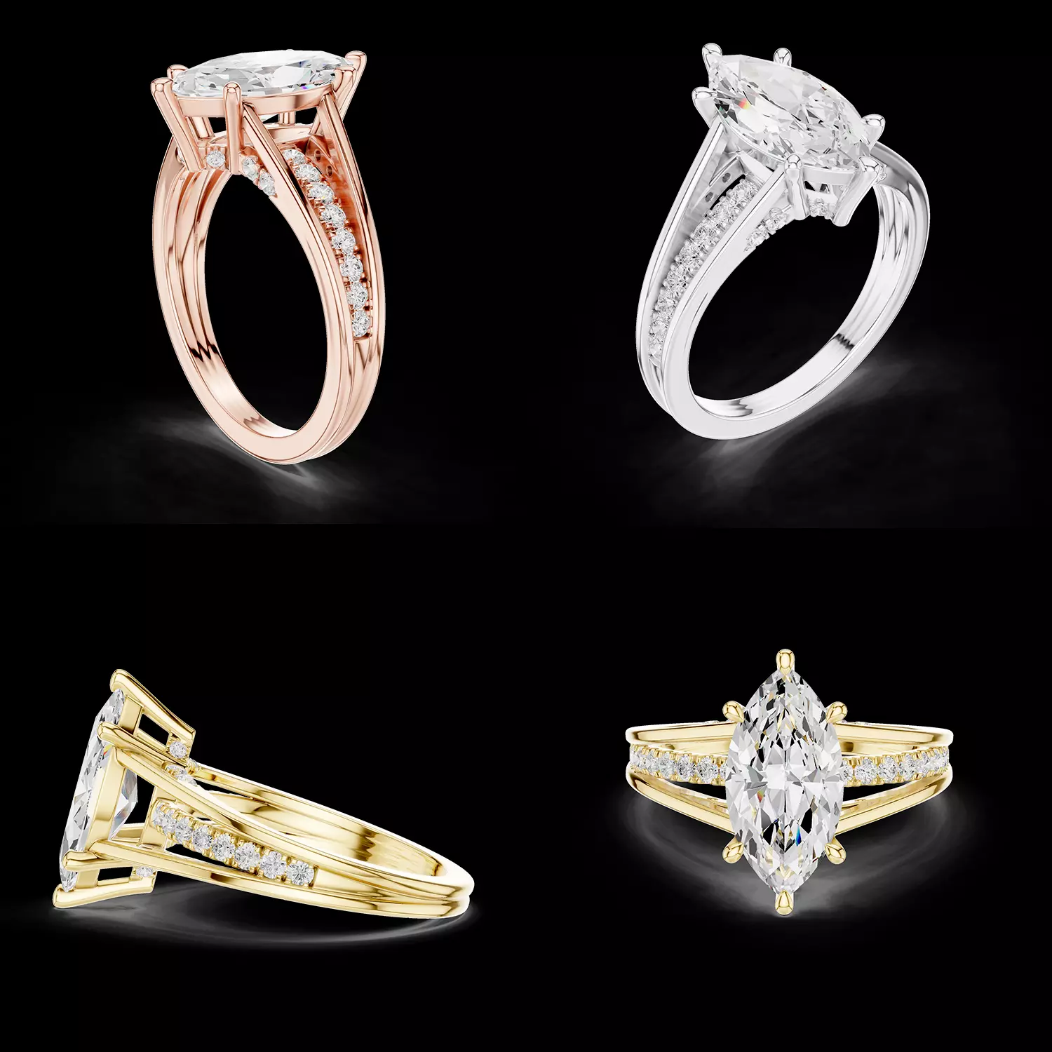 Marquise Cut Split Shank Pave Engagement Ring 3D print model