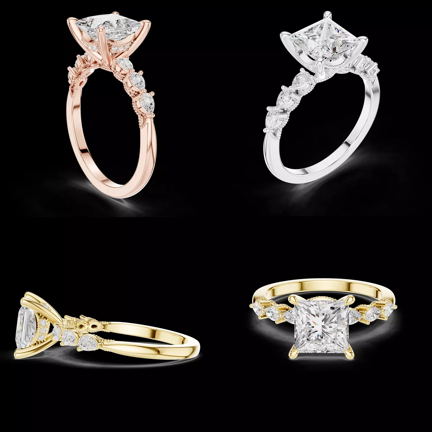 Princess Diamond Hidden Halo Ring CAD 3D print model