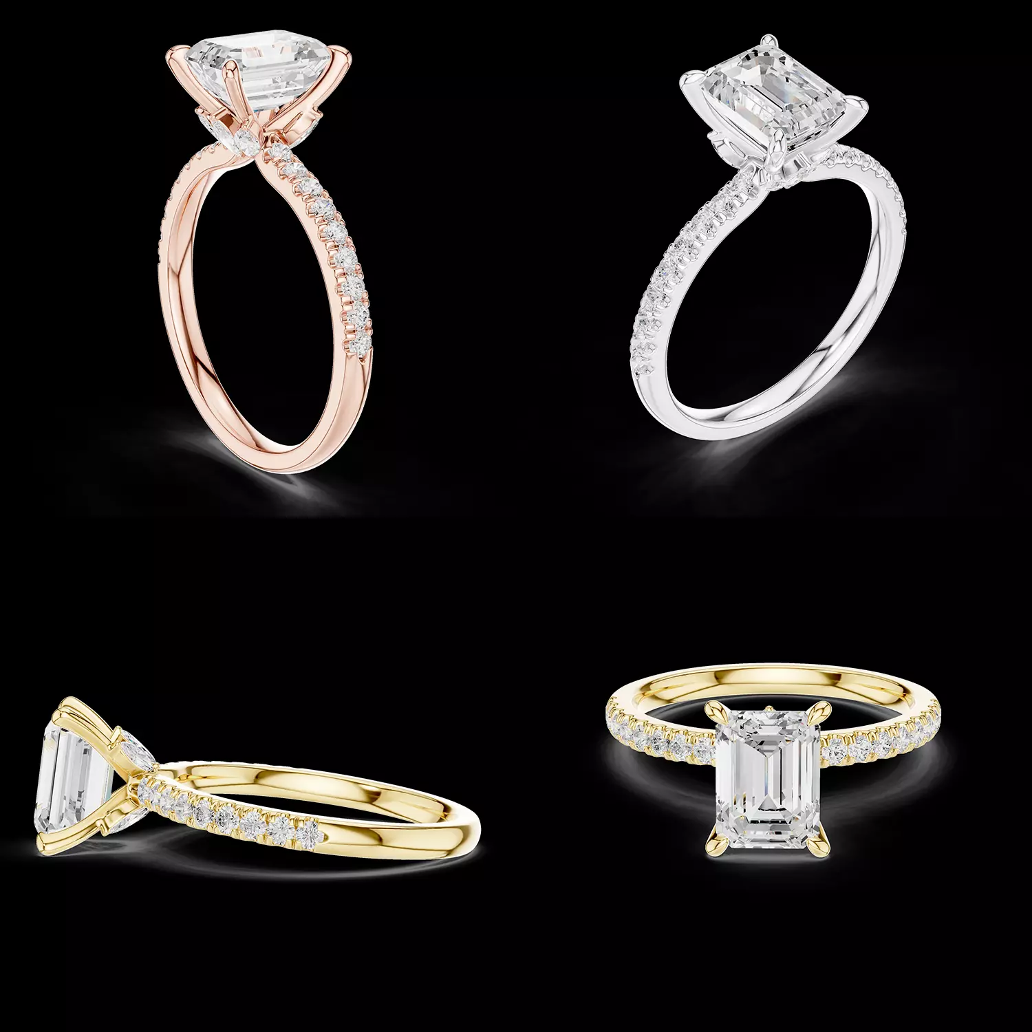 Emerald Cut Solitaire Pave Ring CAD 3D print model