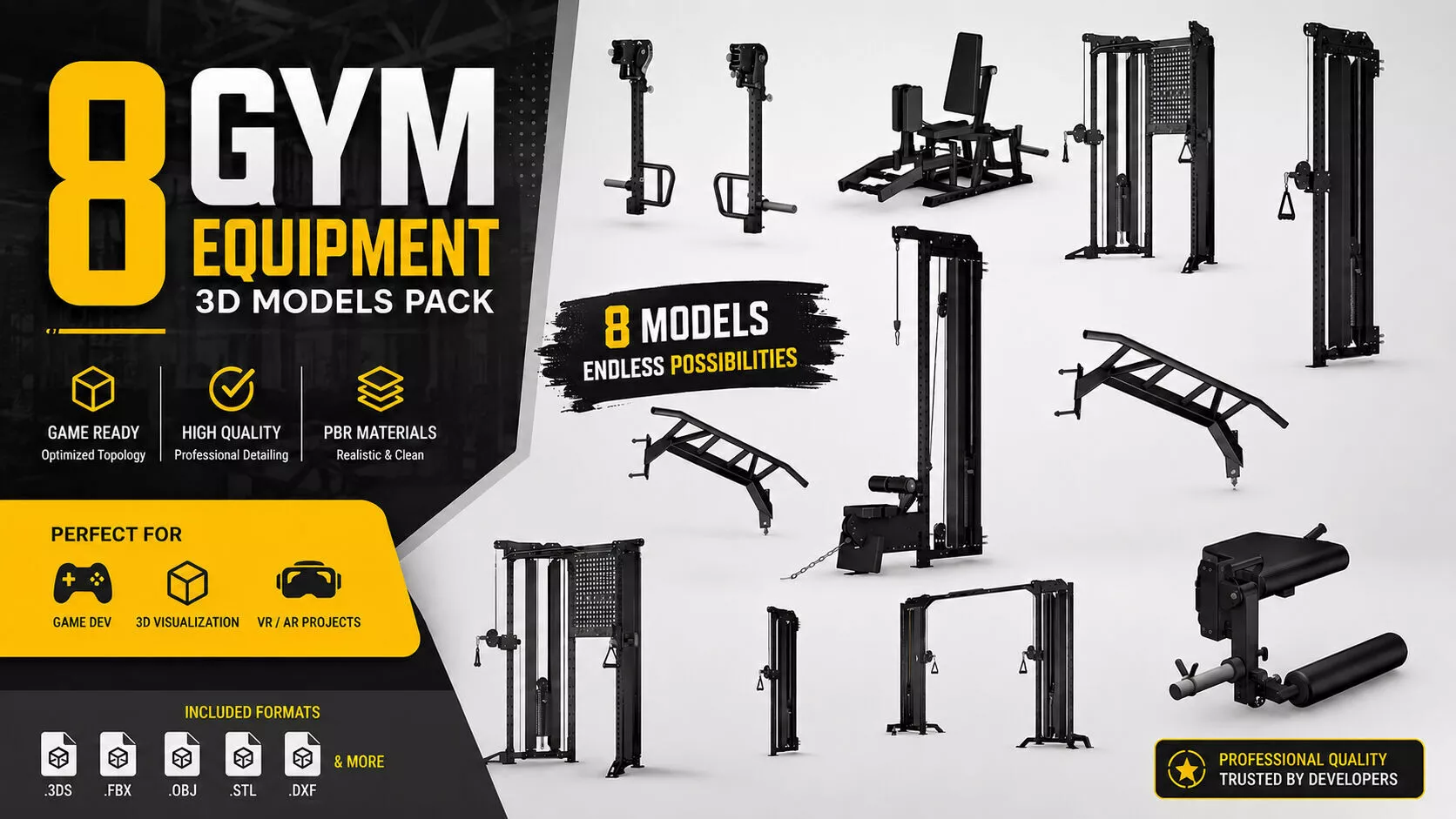 Gym Equipment pack of 8 Low-poly 3D model