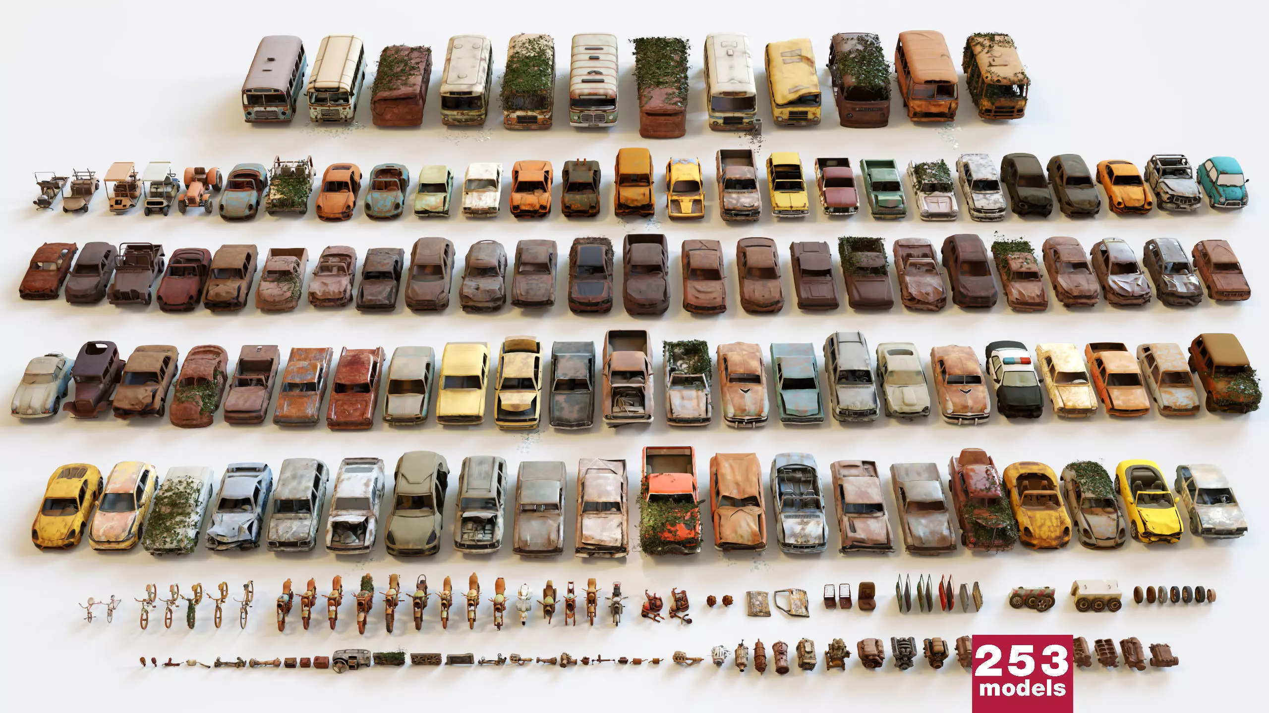 Old Abandoned Junk Rusty Vehicles 3d Game Ready Set Low-poly 3D model