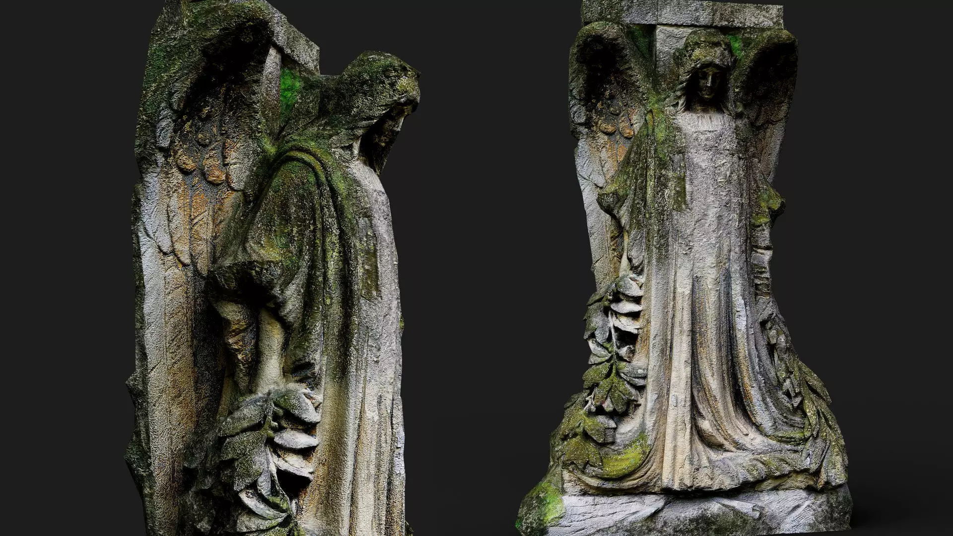 graveyard tomb damaged mossy angel figure PBR photogrammetry Low-poly 3D model