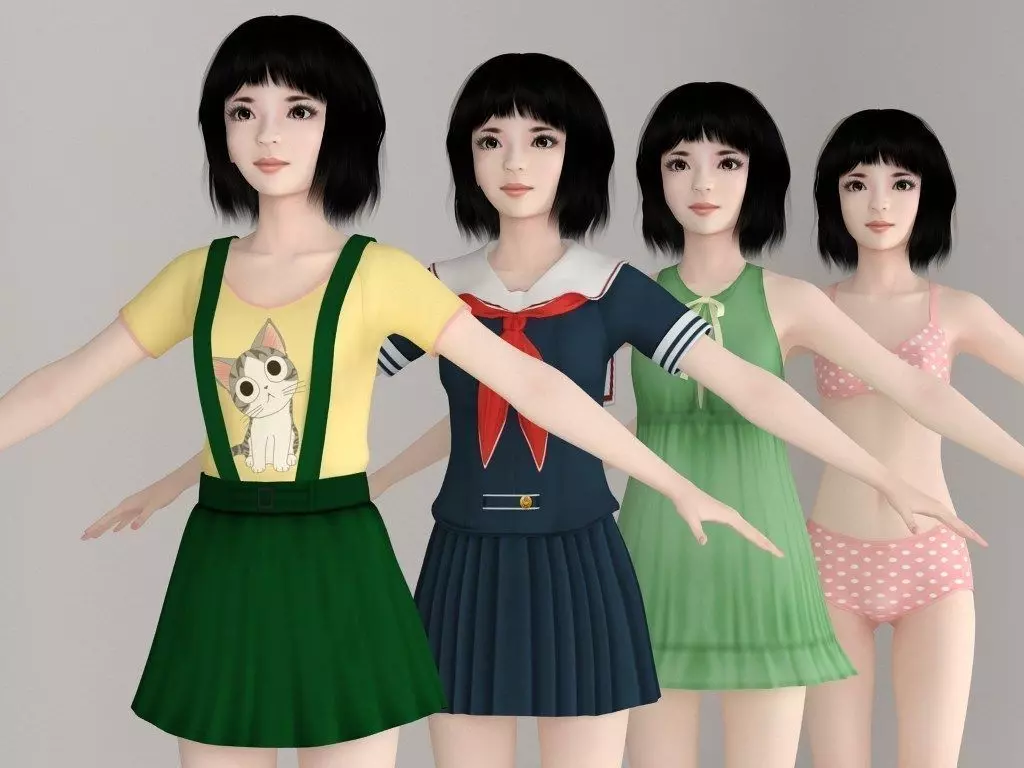 T pose nonrigged model of Kayoko with various outfit  3D model_0