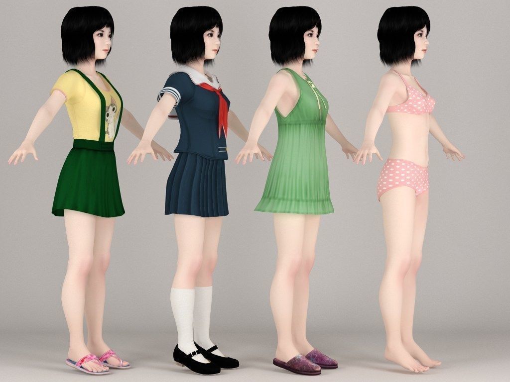 T pose rigged model of Kayoko with various outfit 3D model_8
