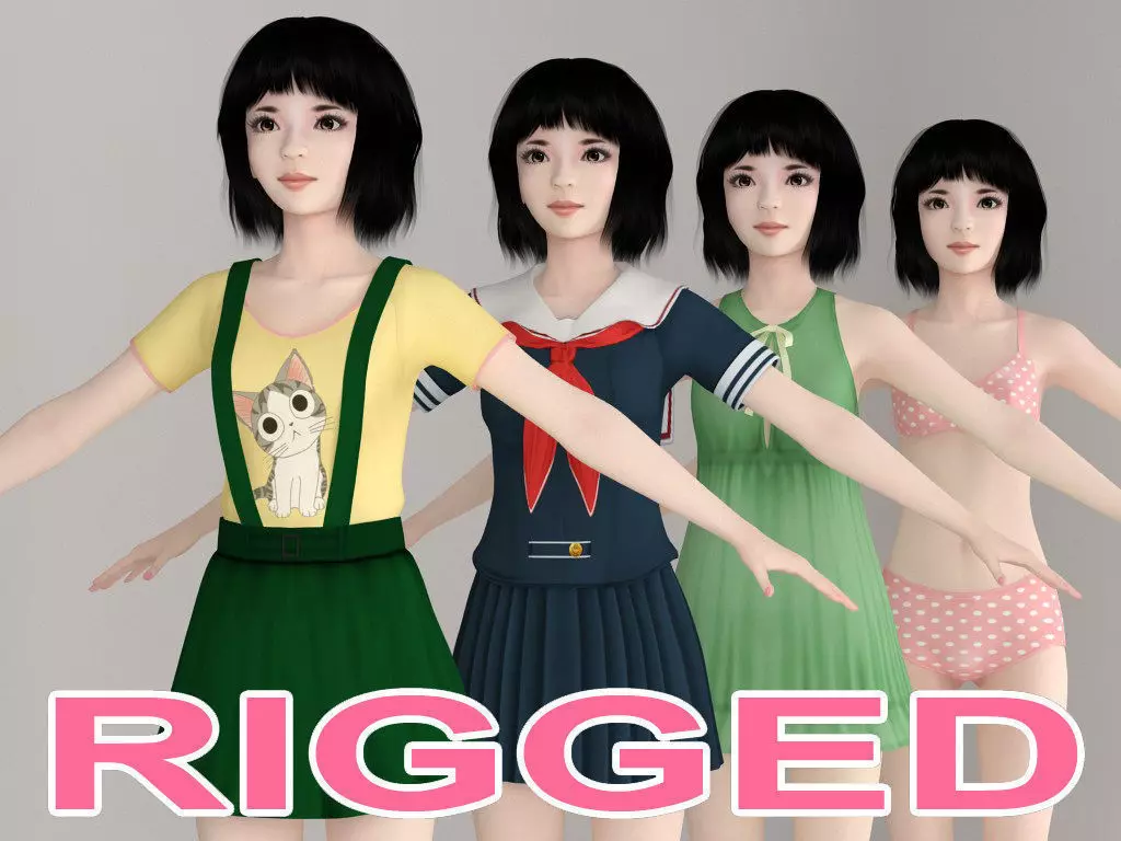 T pose rigged model of Kayoko with various outfit 3D model_0