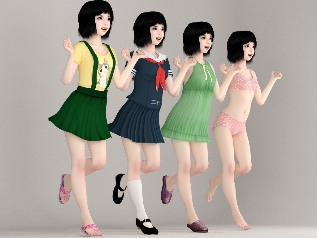 T pose rigged model of Kayoko with various outfit 3D model_1