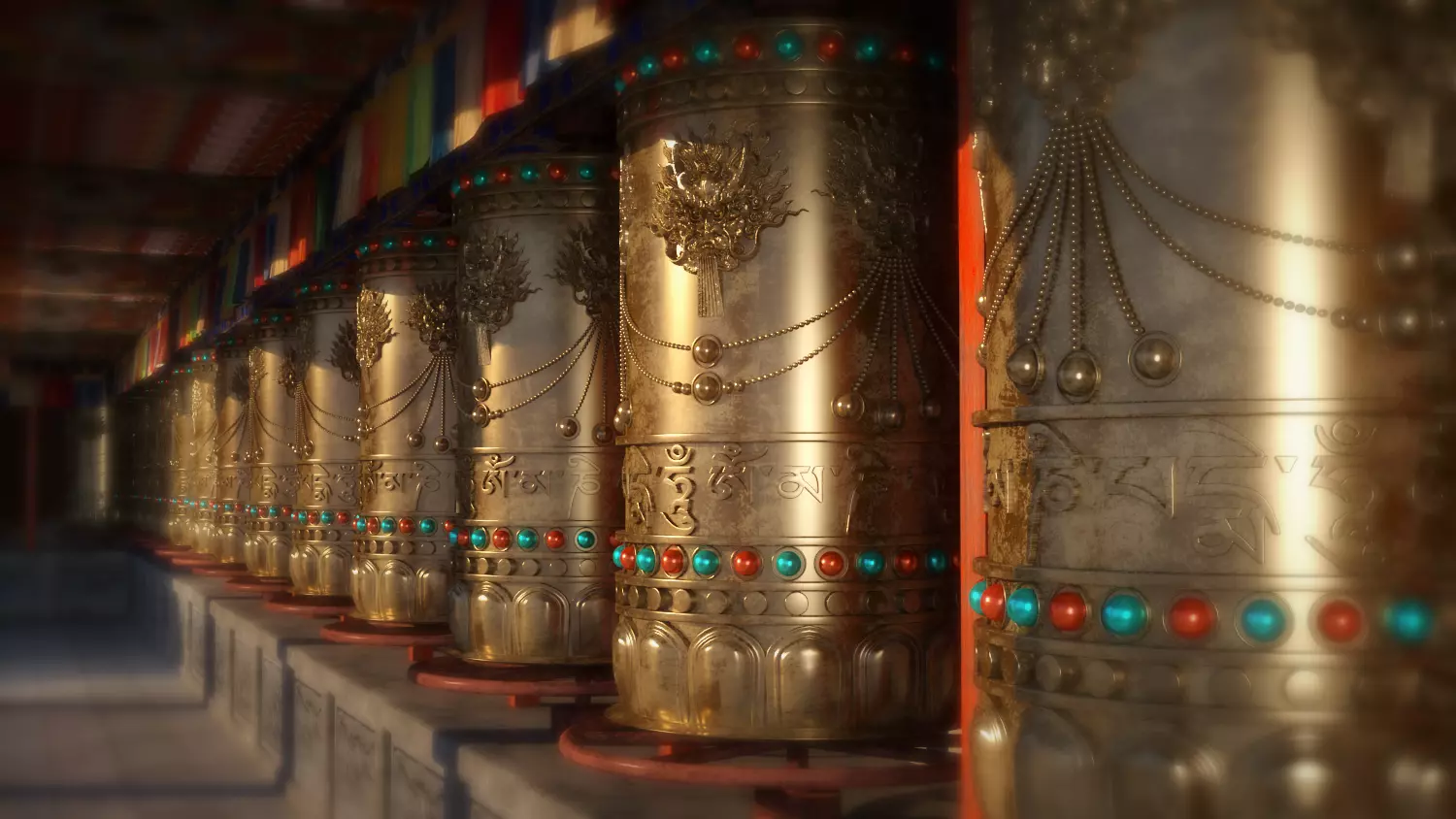 Tibetan Prayer Wheels Set 3D Model High Detail 3D model
