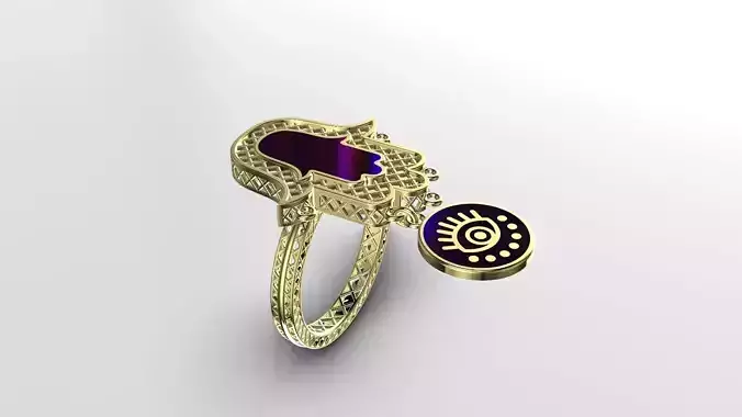 Filigree Hamsa Hand and Evil Eye Dangle Ring - 14K Gold