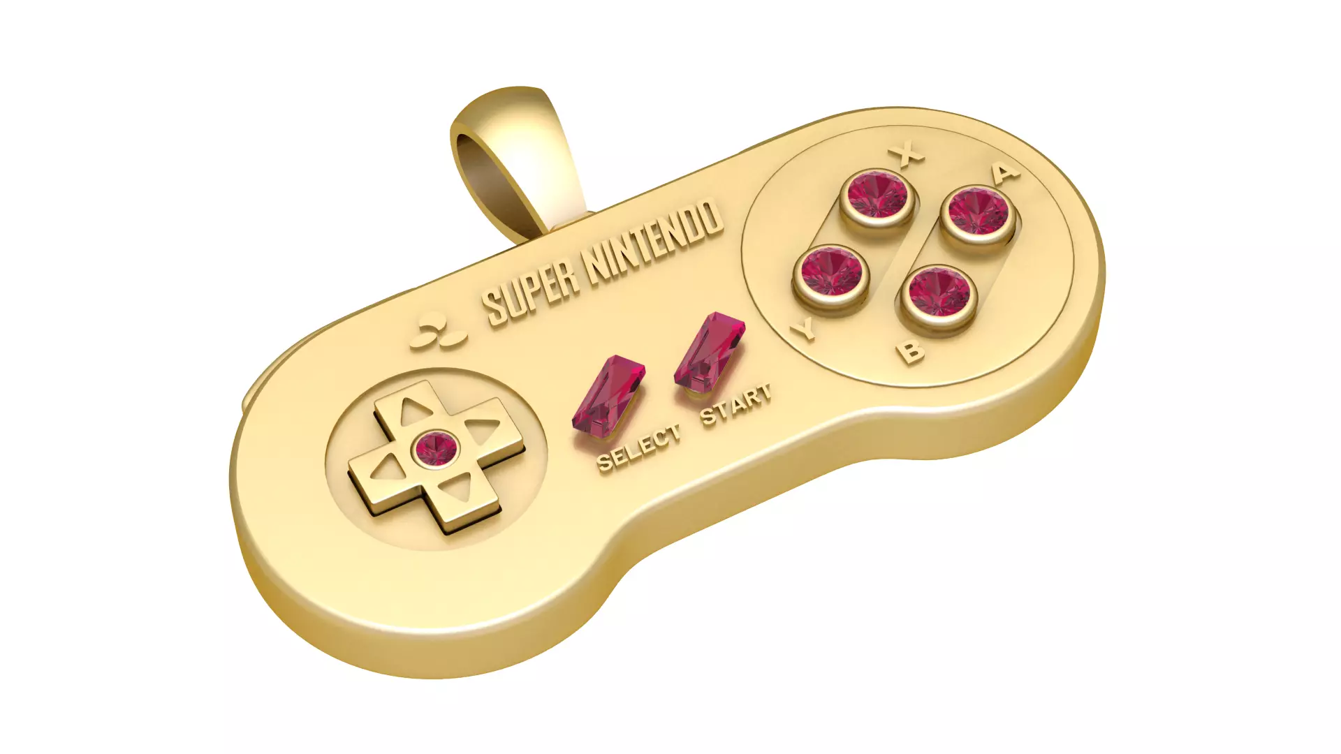 Retro 18k Gold Super Nintendo Controller Pendant with Ruby 3D print model