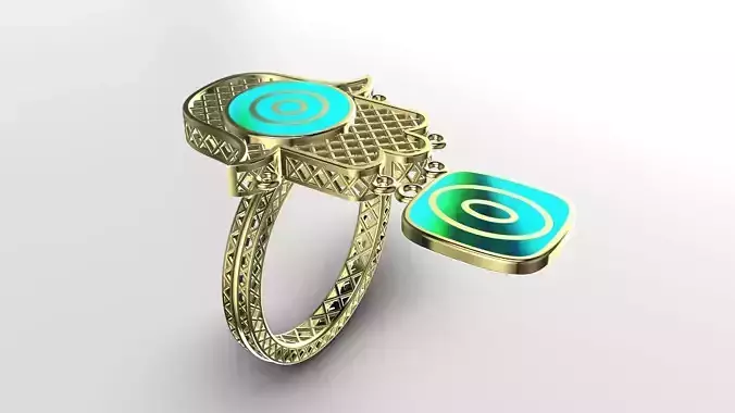 Geometric Diamond-Grid Hamsa and Kinetic Target Ring 14K Gold