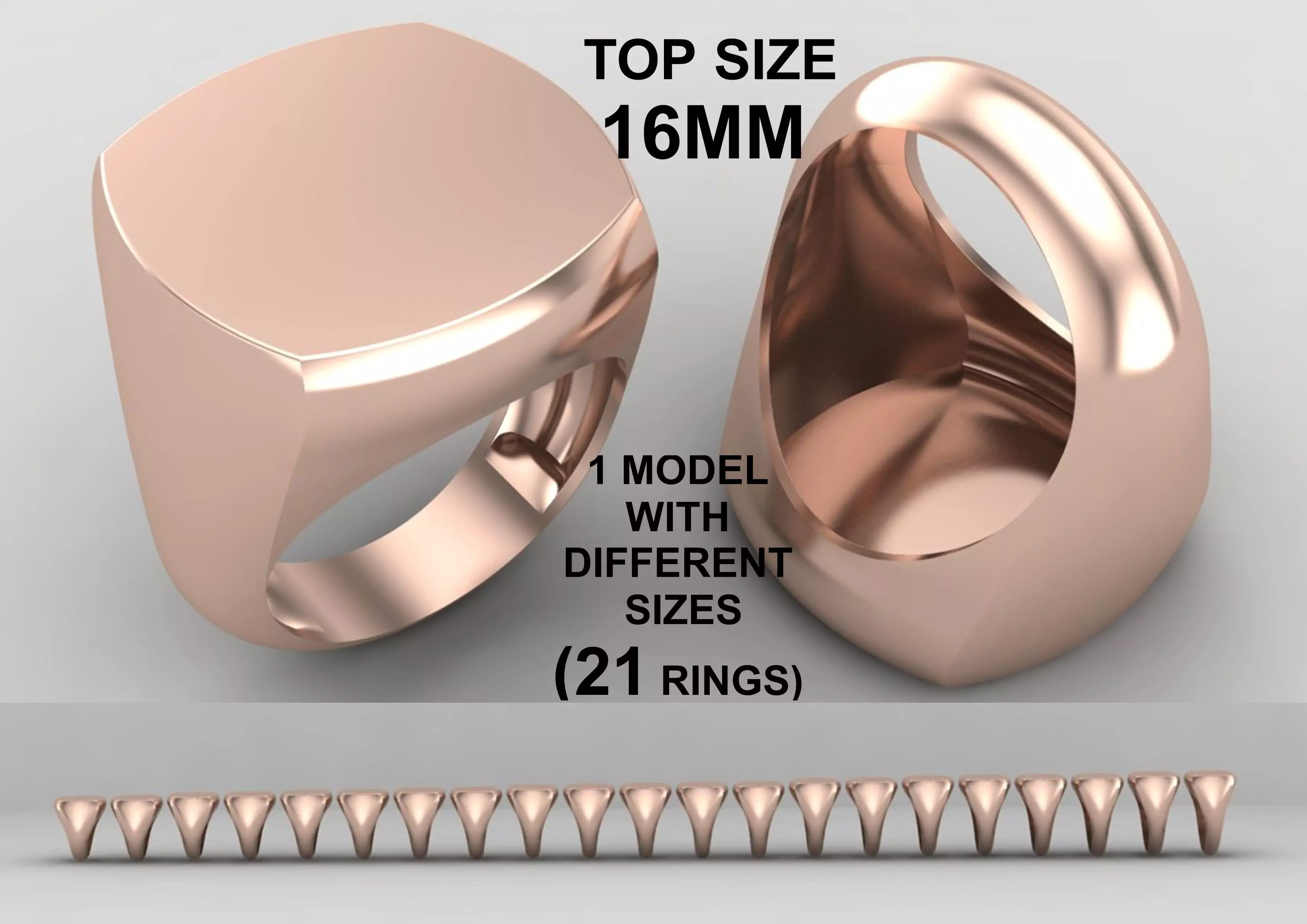 cushion square Signet Ring Base 16 MM top in All sizes 291-MWC 3D print model