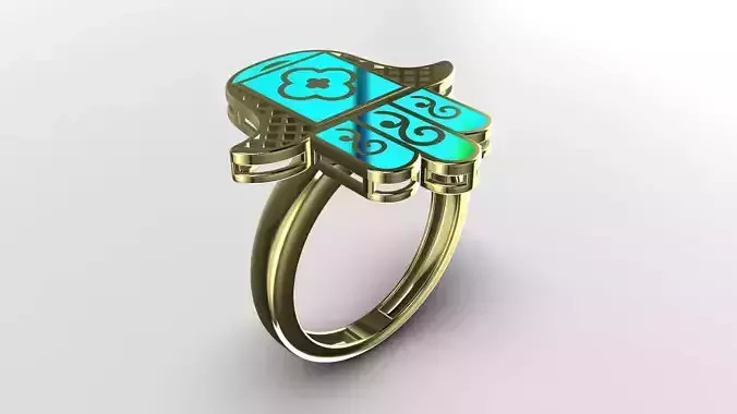 Open-Frame Hamsa Ring with Scrollwork Fingers 14K Gold