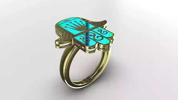 Regal Crown Hamsa Ring with Scrollwork Fingers 14K Gold
