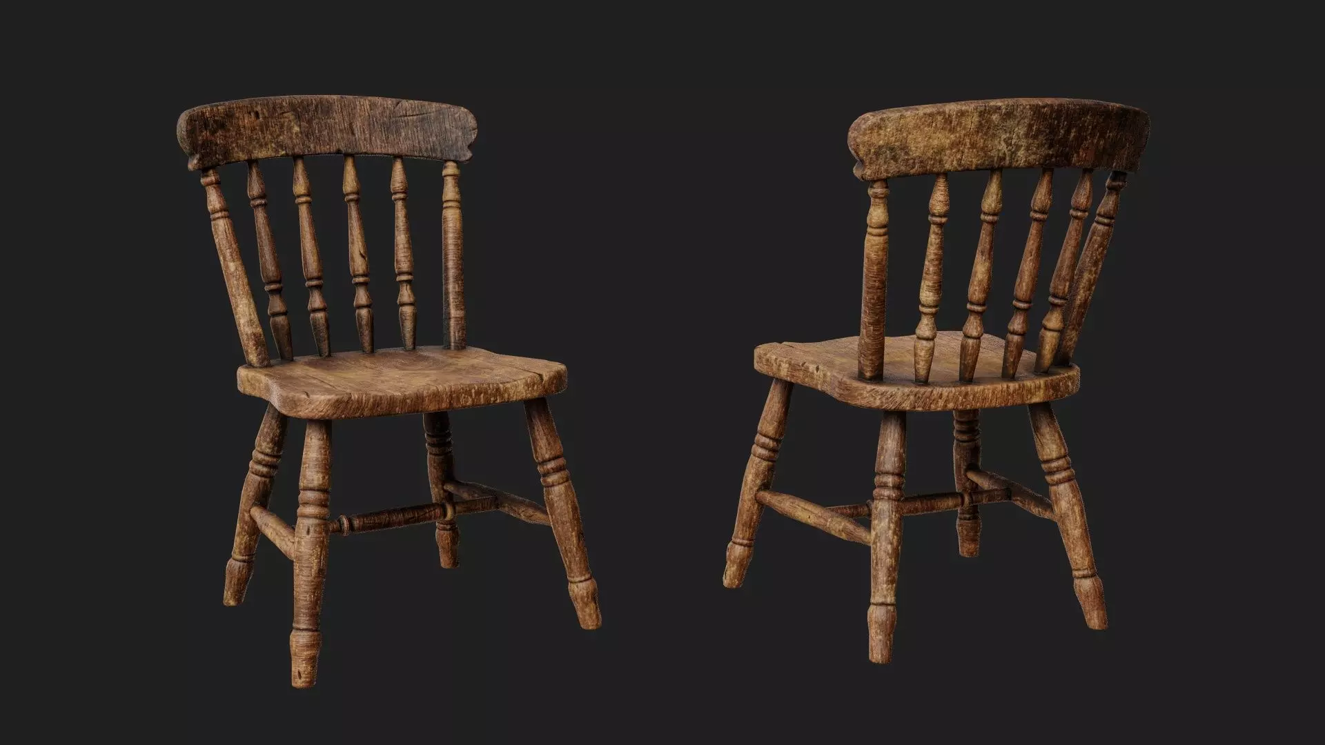Rustic Wooden Spindle Chair Low-poly 3D model