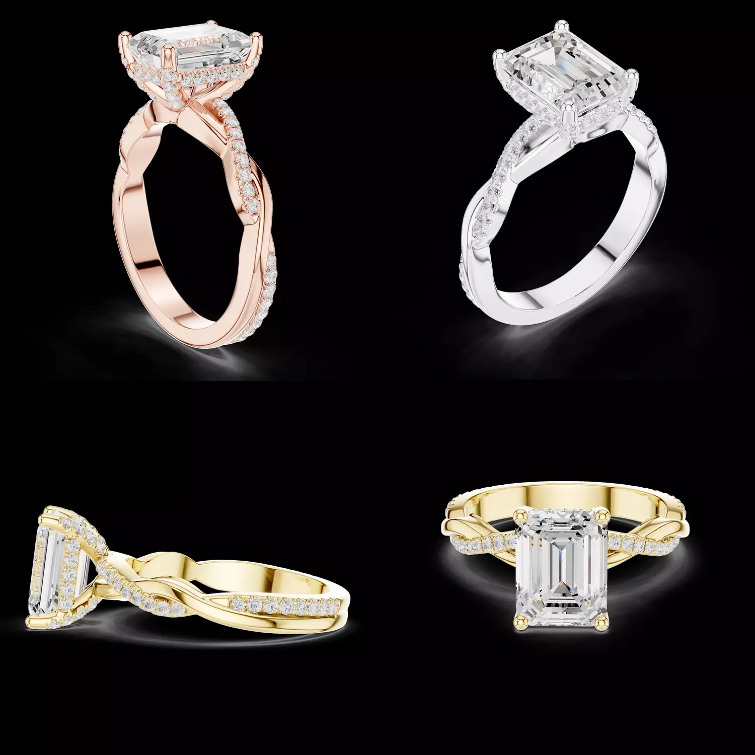 Emerald Cut Twist Shank Halo Ring 3DM STL CAD Model 3D print model