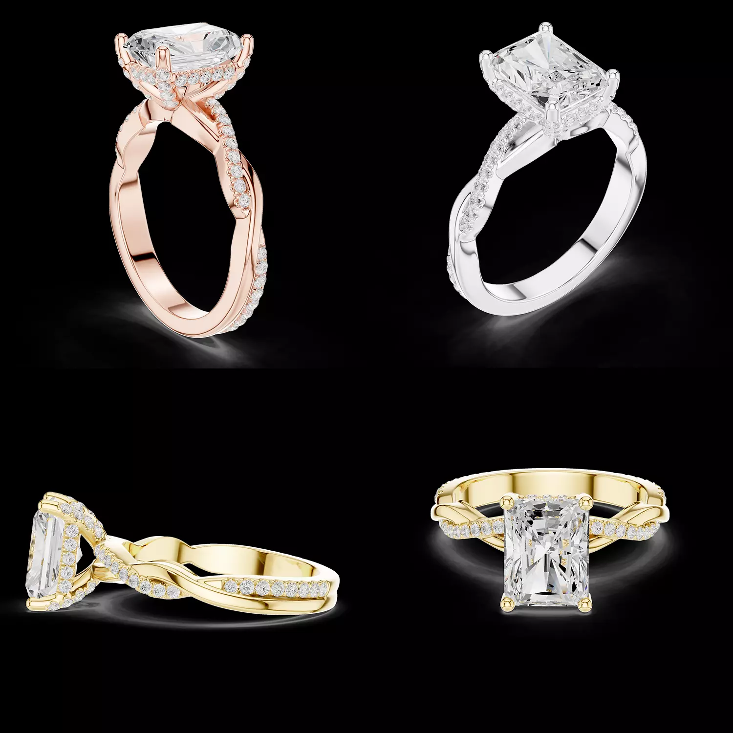 Radiant Cut Twist Shank Halo Ring 3DM STL CAD Model 3D print model