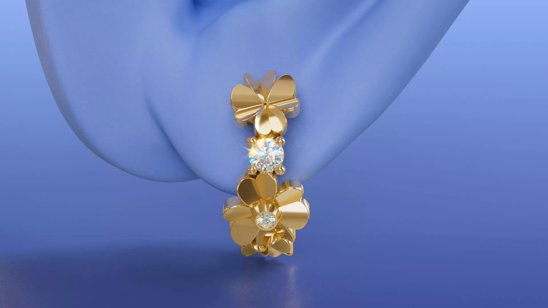 Four Leaf Clover Diamond Hoop Flower Earrings CAD Jewelry 3D print model