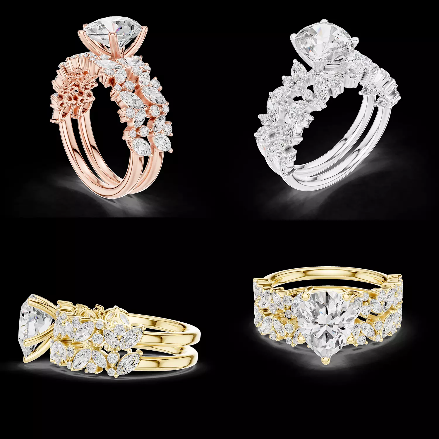 Pear Cut Floral Halo Bridal Ring Set 3DM STL Model 3D print model