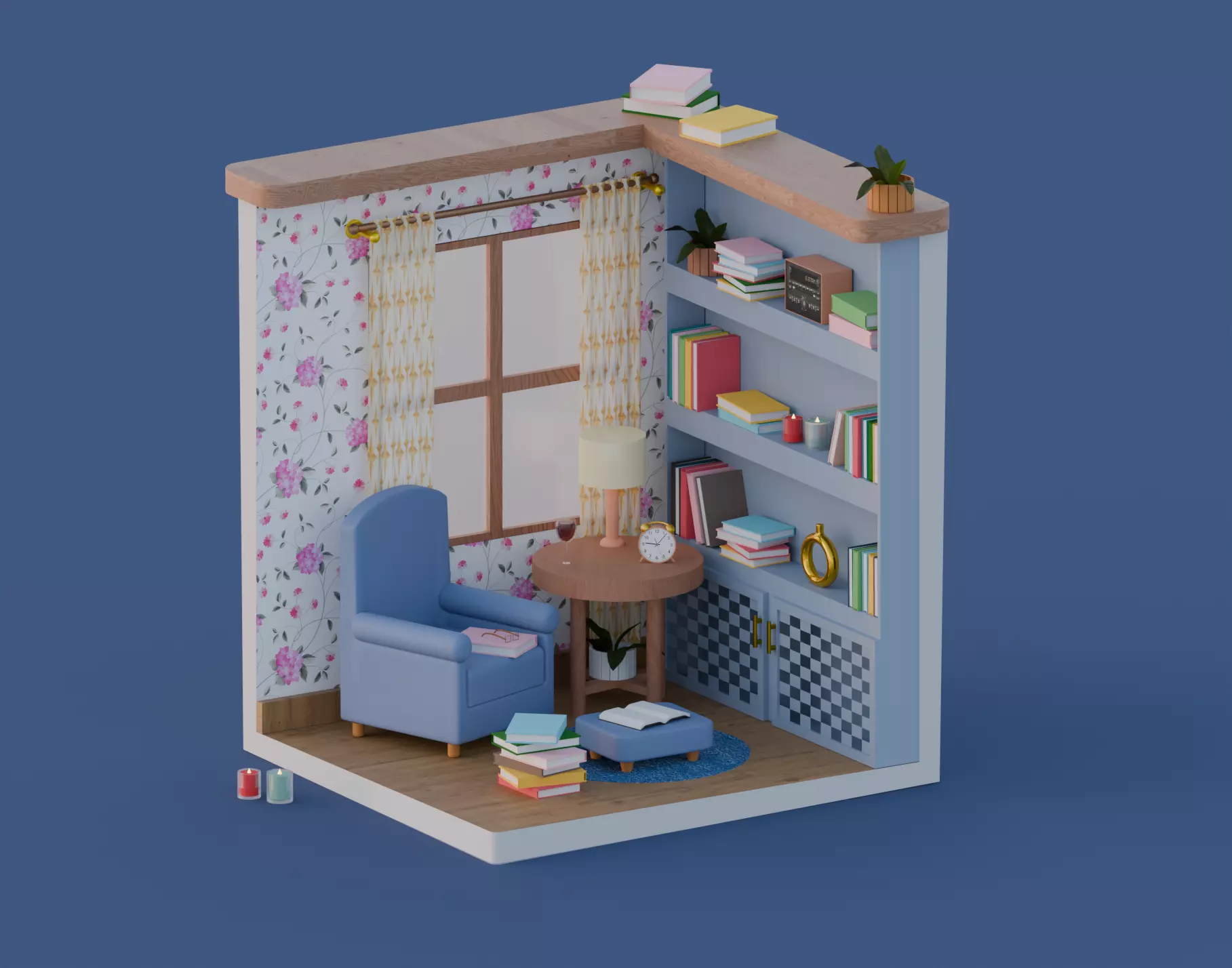 Premium Isometric Cozy Reading Nook Stylized 3D Interior Low-poly 3D model