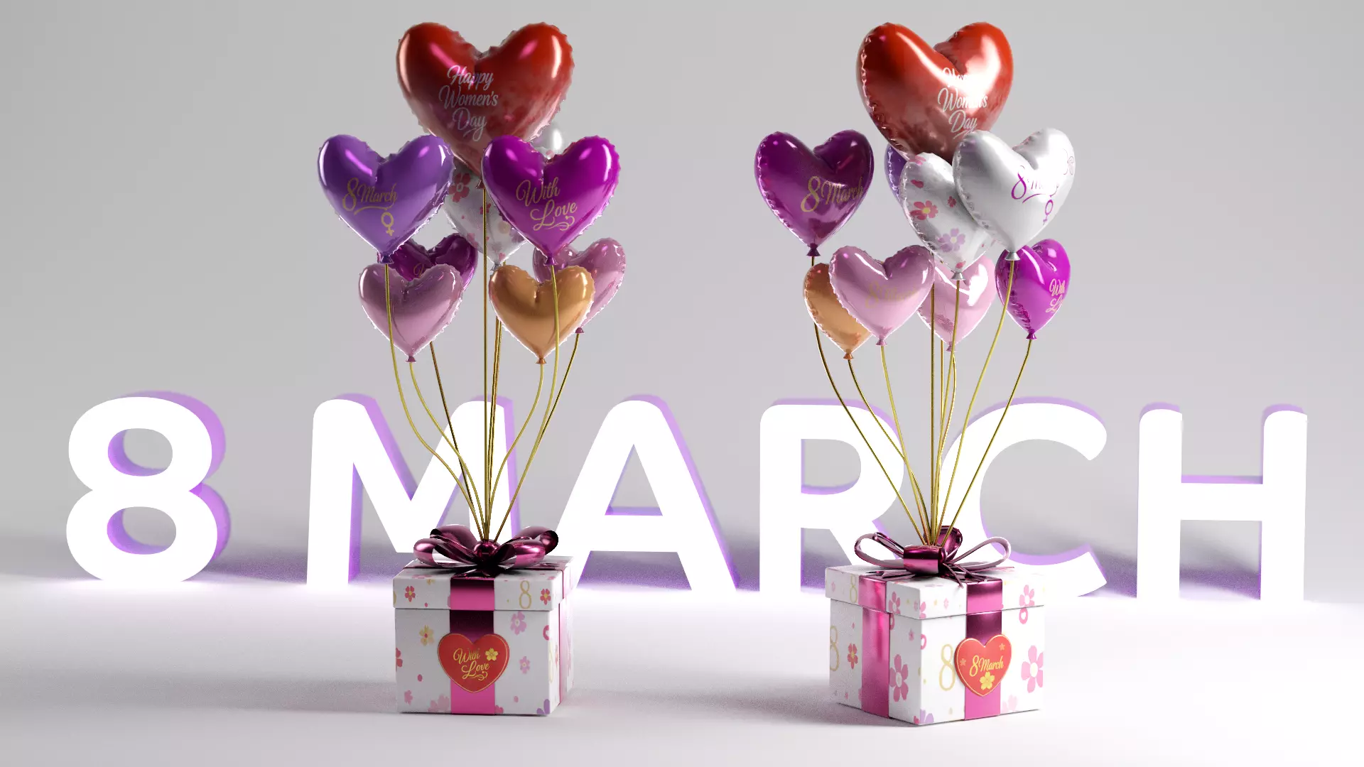 8 MARCH WOMENS DAY HEART BALLOON GIFT BOX Low-poly 3D model