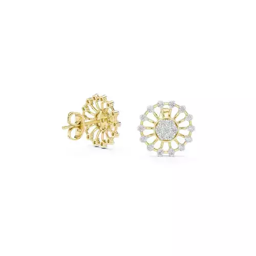 Diamond Sunburst Stud Earrings Round Halo Cluster Jewelry CAD 3D