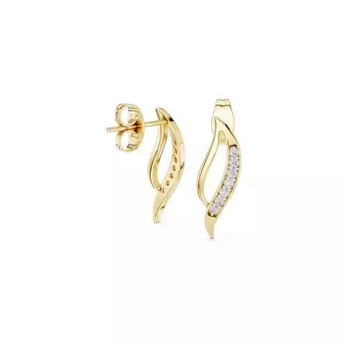 Modern Curved Diamond Stud Earrings Leaf Inspired Gold CAD