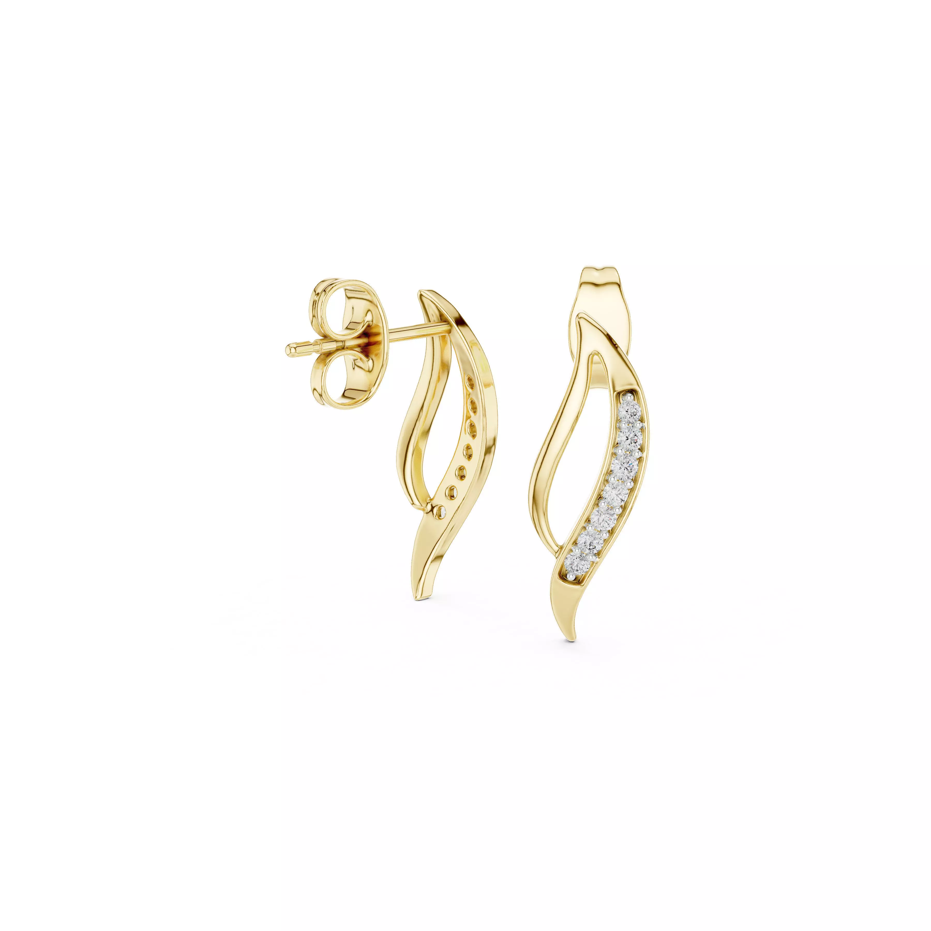 Modern Curved Diamond Stud Earrings Leaf Inspired Gold CAD 3D print model