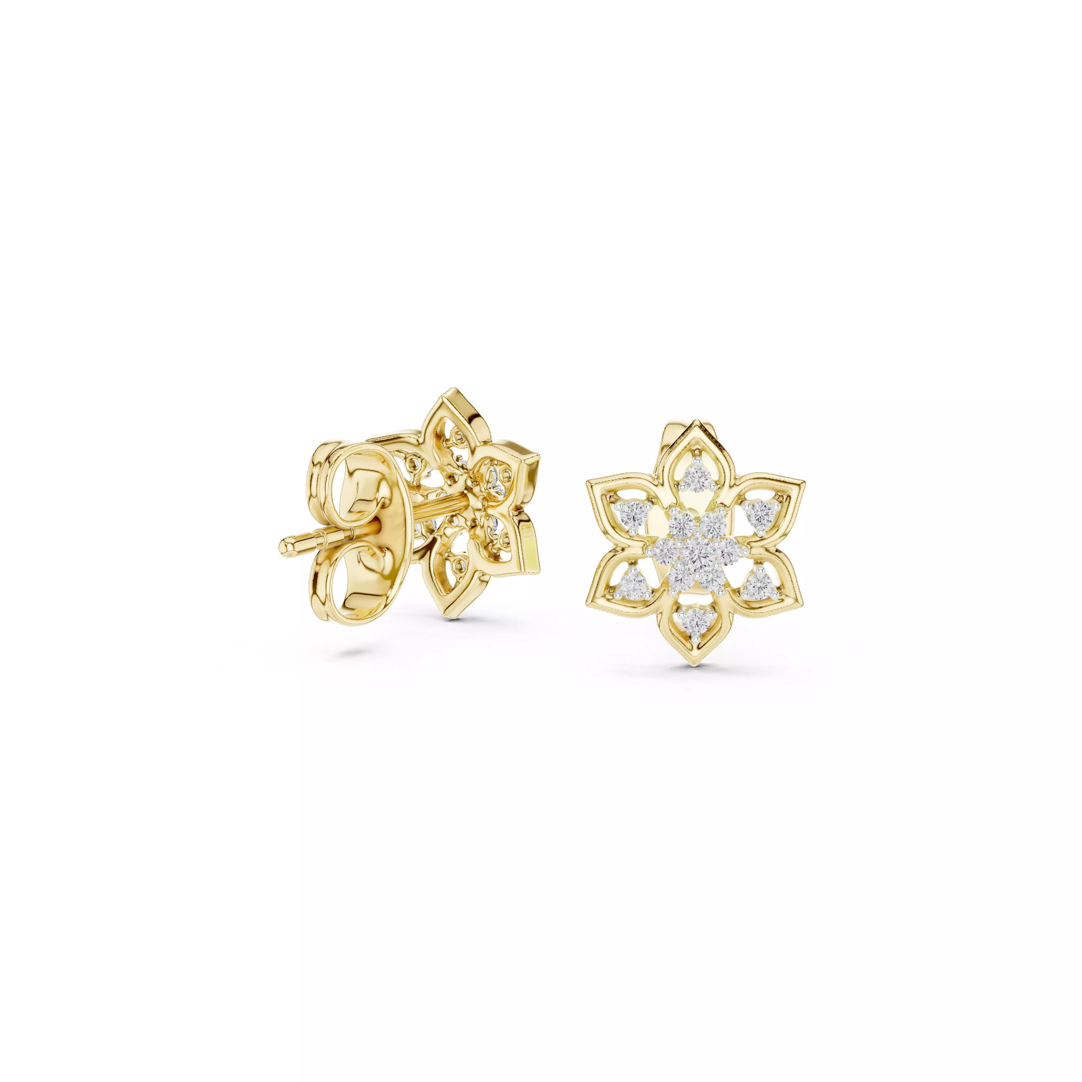 Floral Diamond Stud Earrings Flower Cluster Gold Studs CAD 3D print model