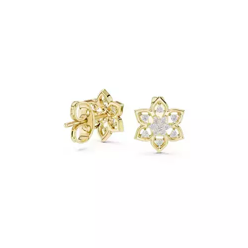 Floral Diamond Stud Earrings Flower Cluster Gold Studs CAD