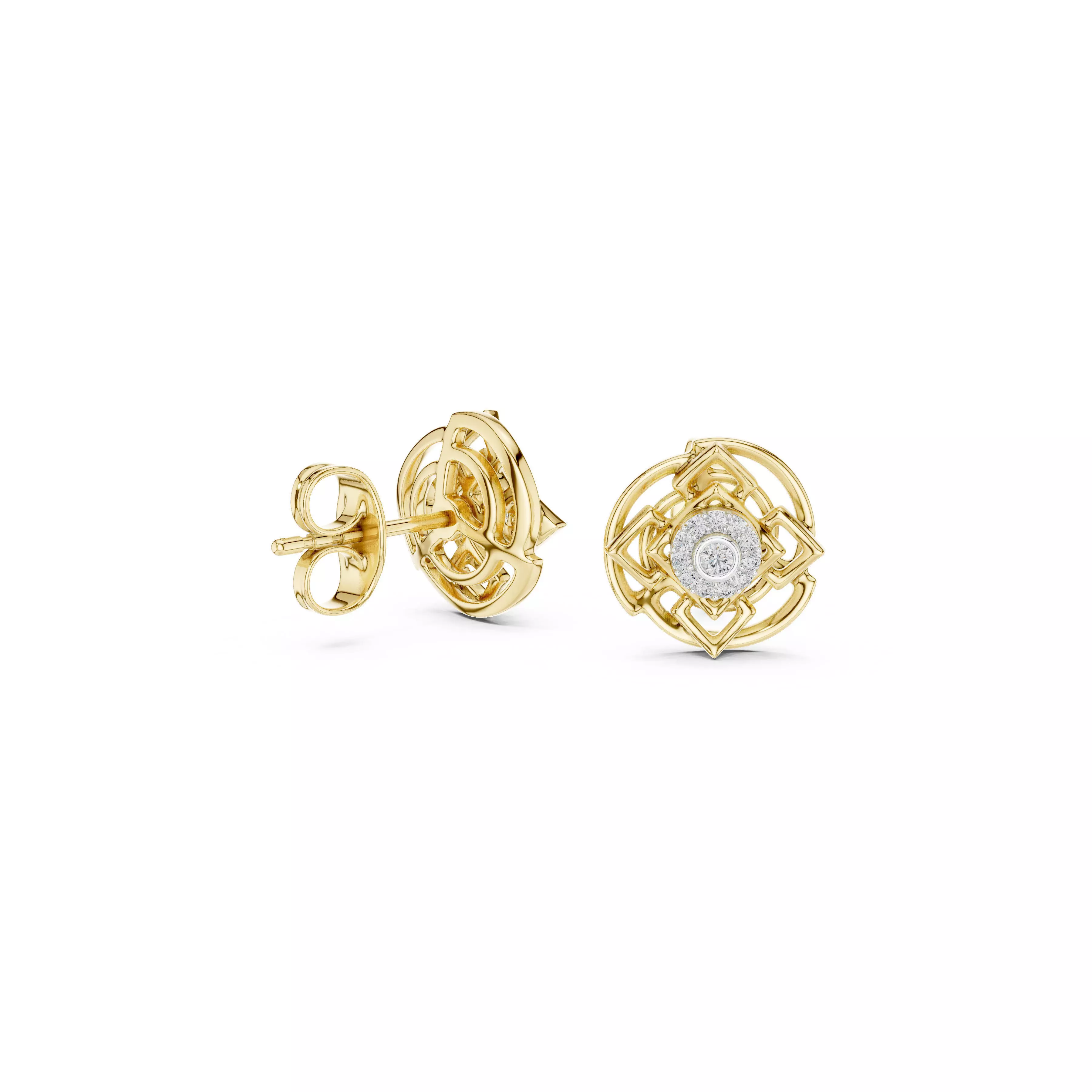 Geometric Halo Diamond Stud Earrings Art Deco Round Studs CAD 3D print model