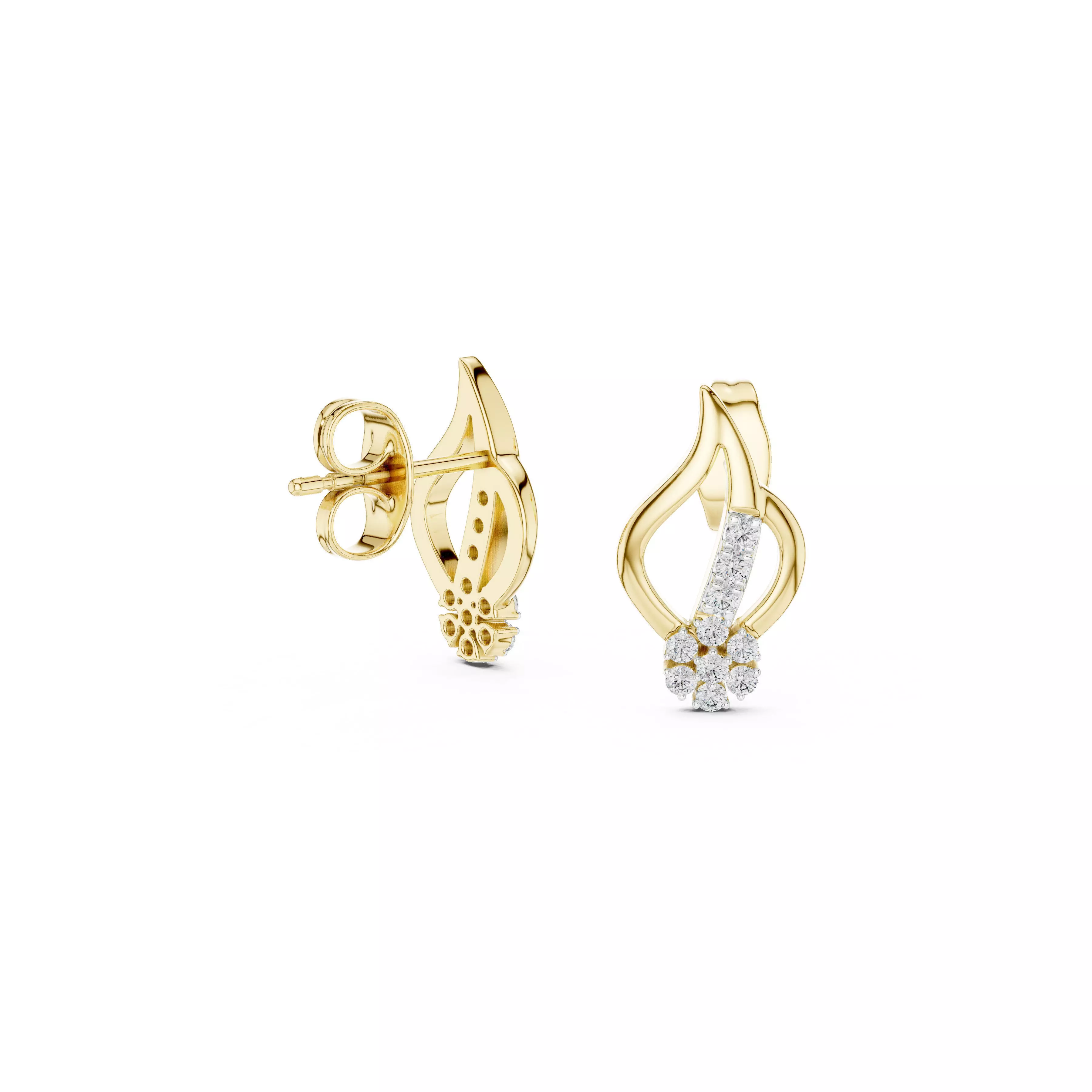 Flame-Inspired Diamond Stud Earrings Leaf Shape Gold CAD 3D print model