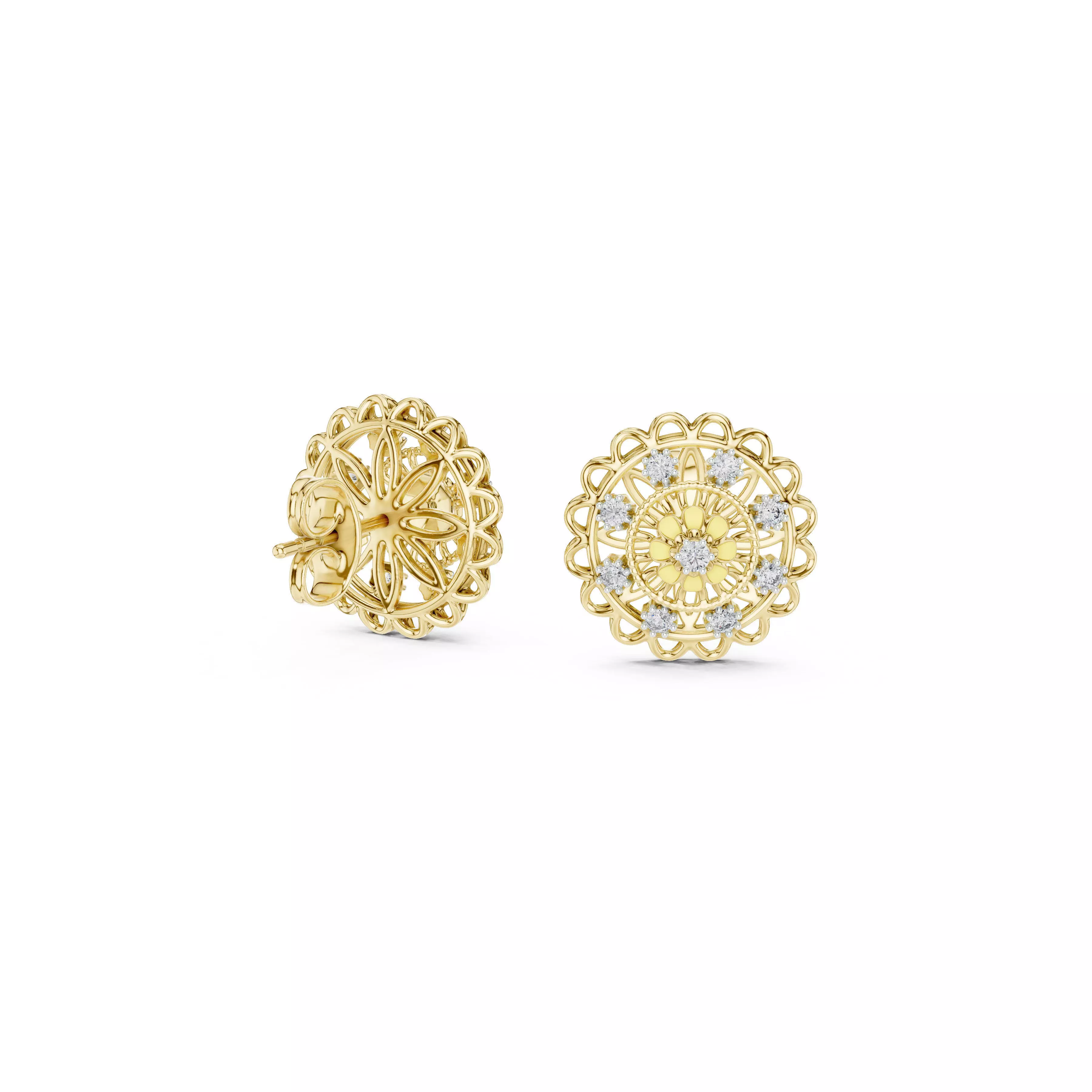 Floral Mandala Diamond Stud Earrings Round Gold Filigree CAD 3D print model