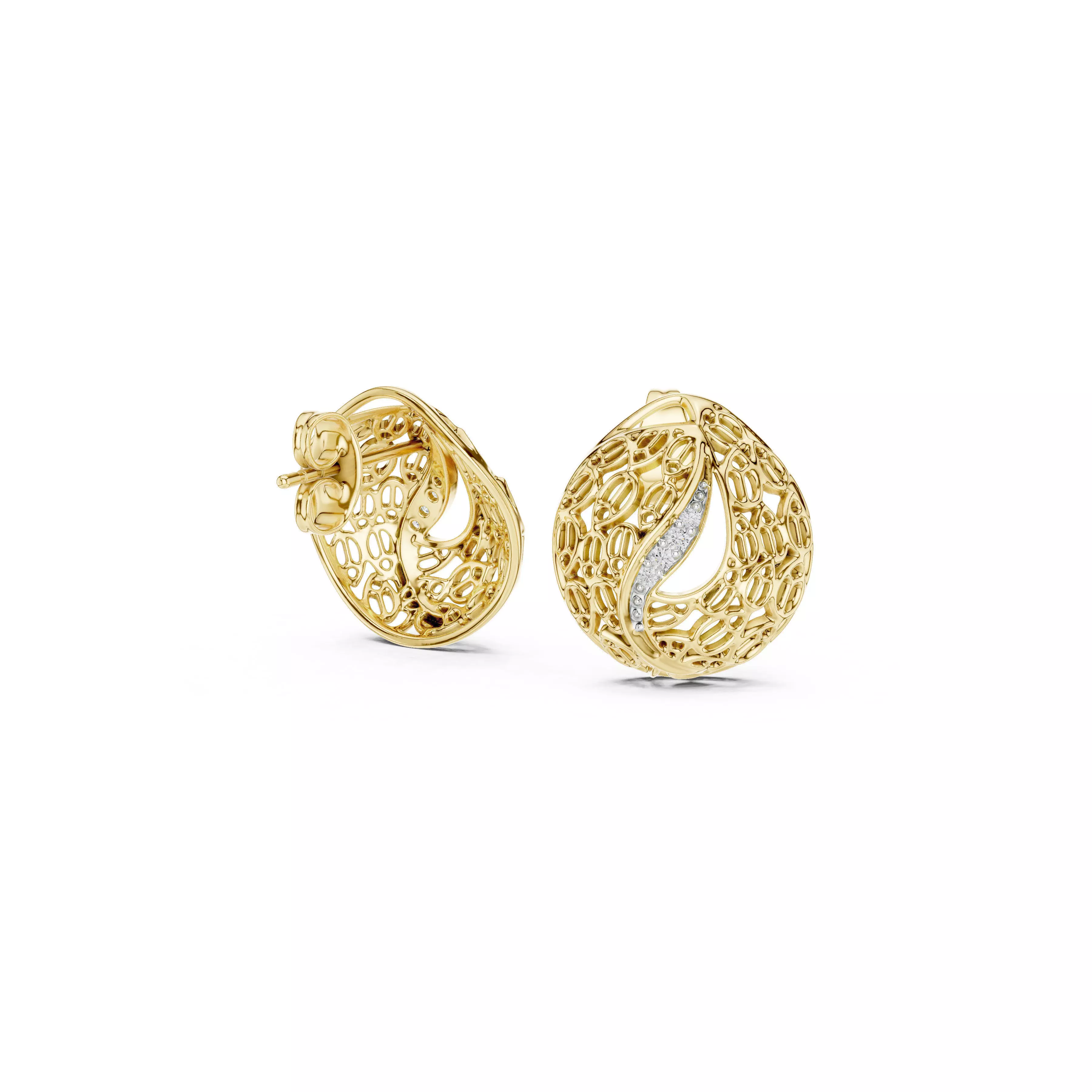 Teardrop Filigree Diamond Stud Earrings Gold Bridal CAD 3D print model