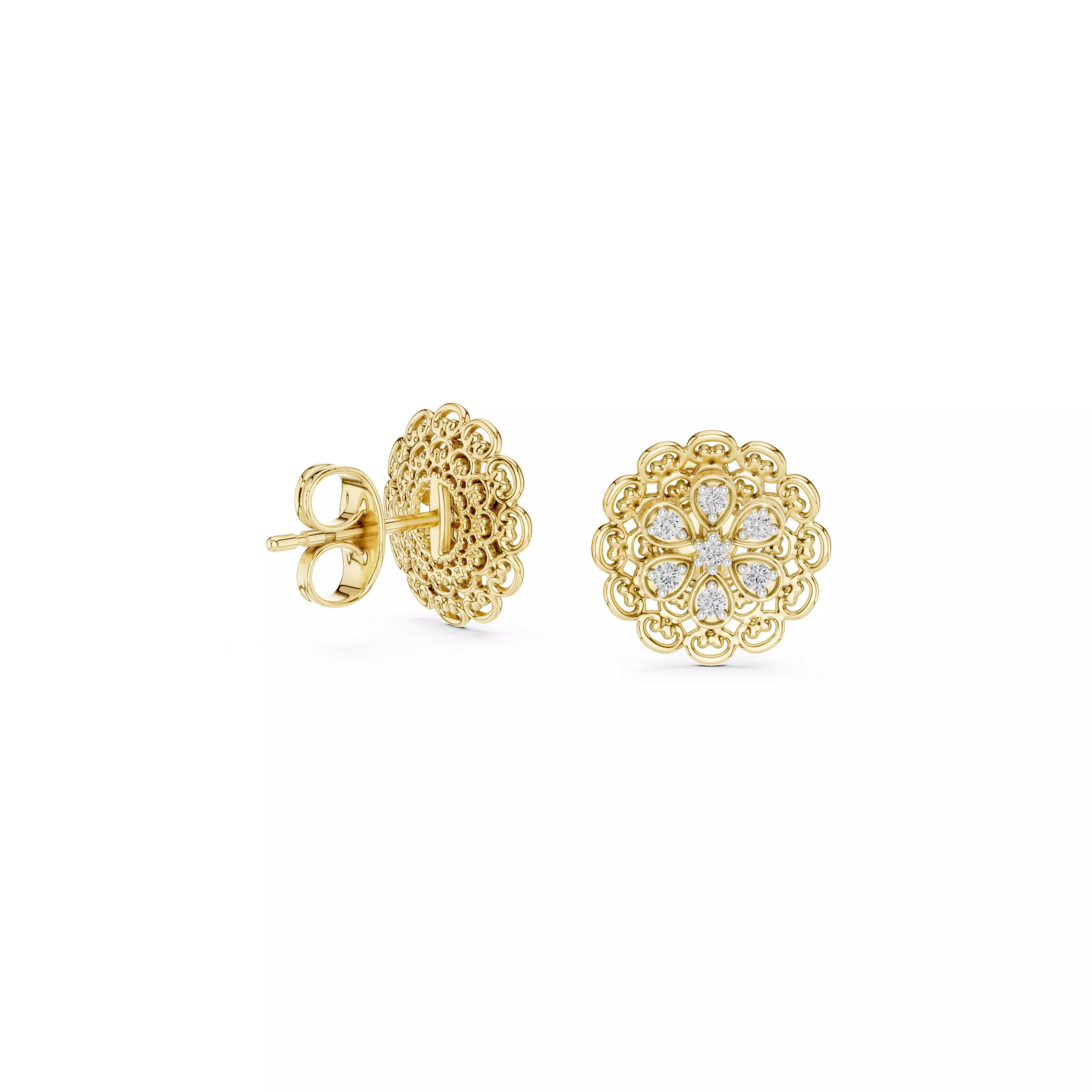 Floral Diamond Stud Earrings Vintage Filigree Studs CAD 3D print model