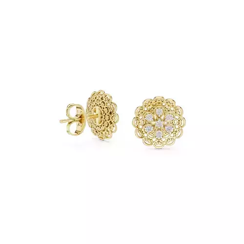 Floral Diamond Stud Earrings Vintage Filigree Studs CAD