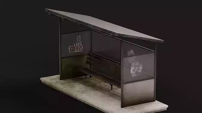 Old Rusty Bus Stop Station Low-poly 3D model 3