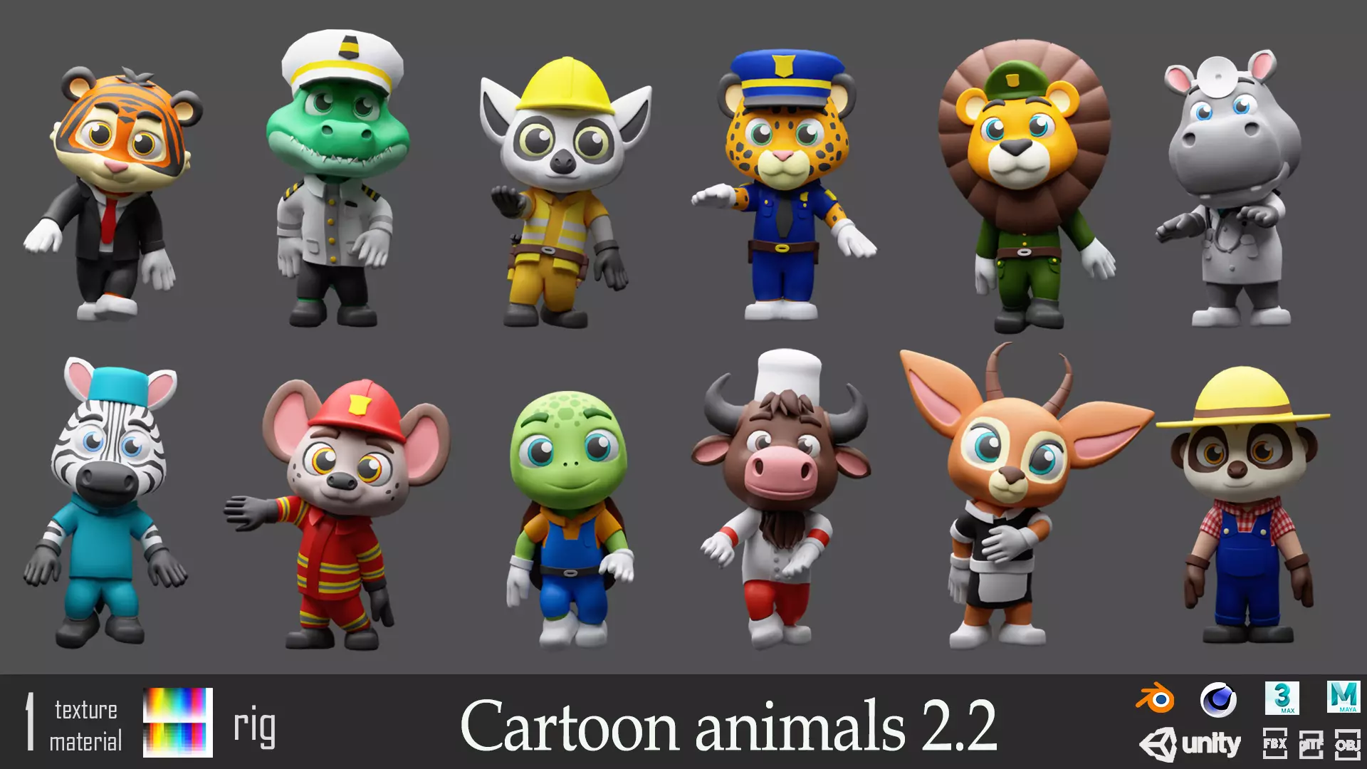 Cartoon characters animals 2 02 in professional costumes Low-poly 3D model