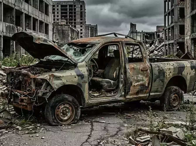 Destroyed Military Pickup Truck  PBR Game Ready