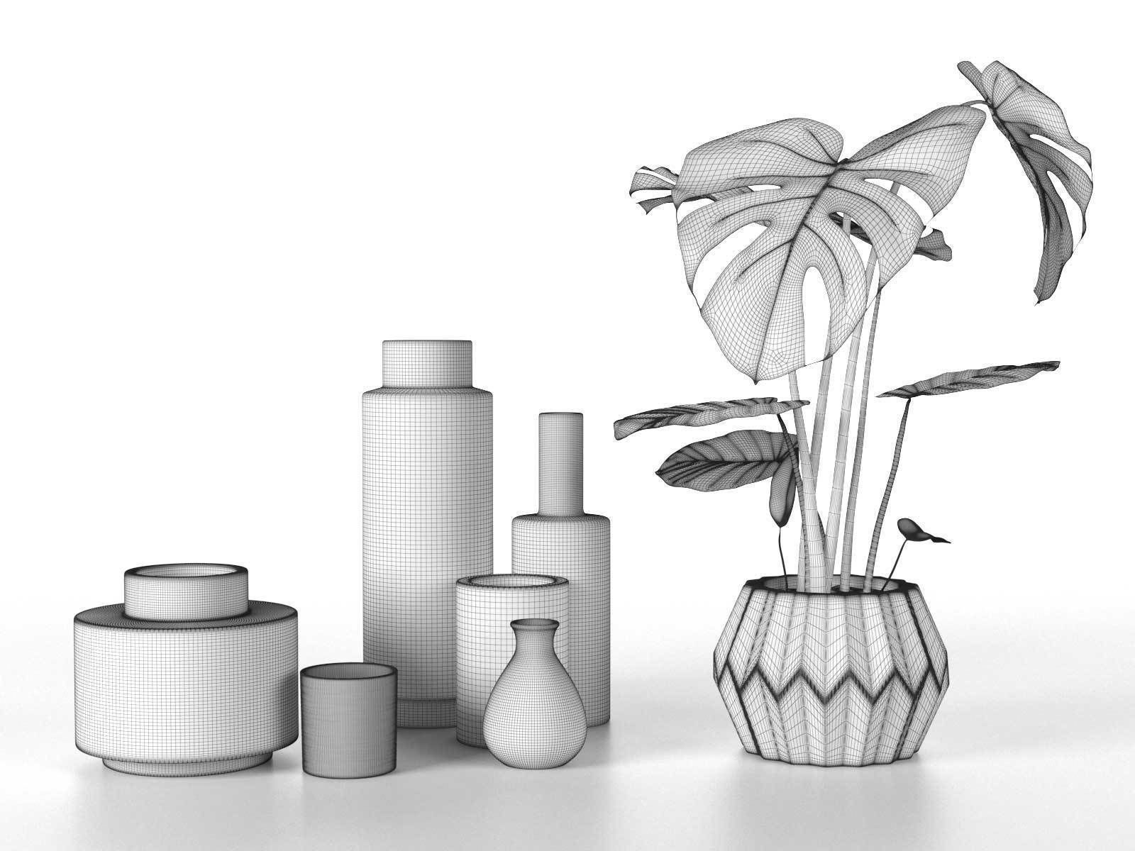 Vase Set with Monstera Plant 3D model_3