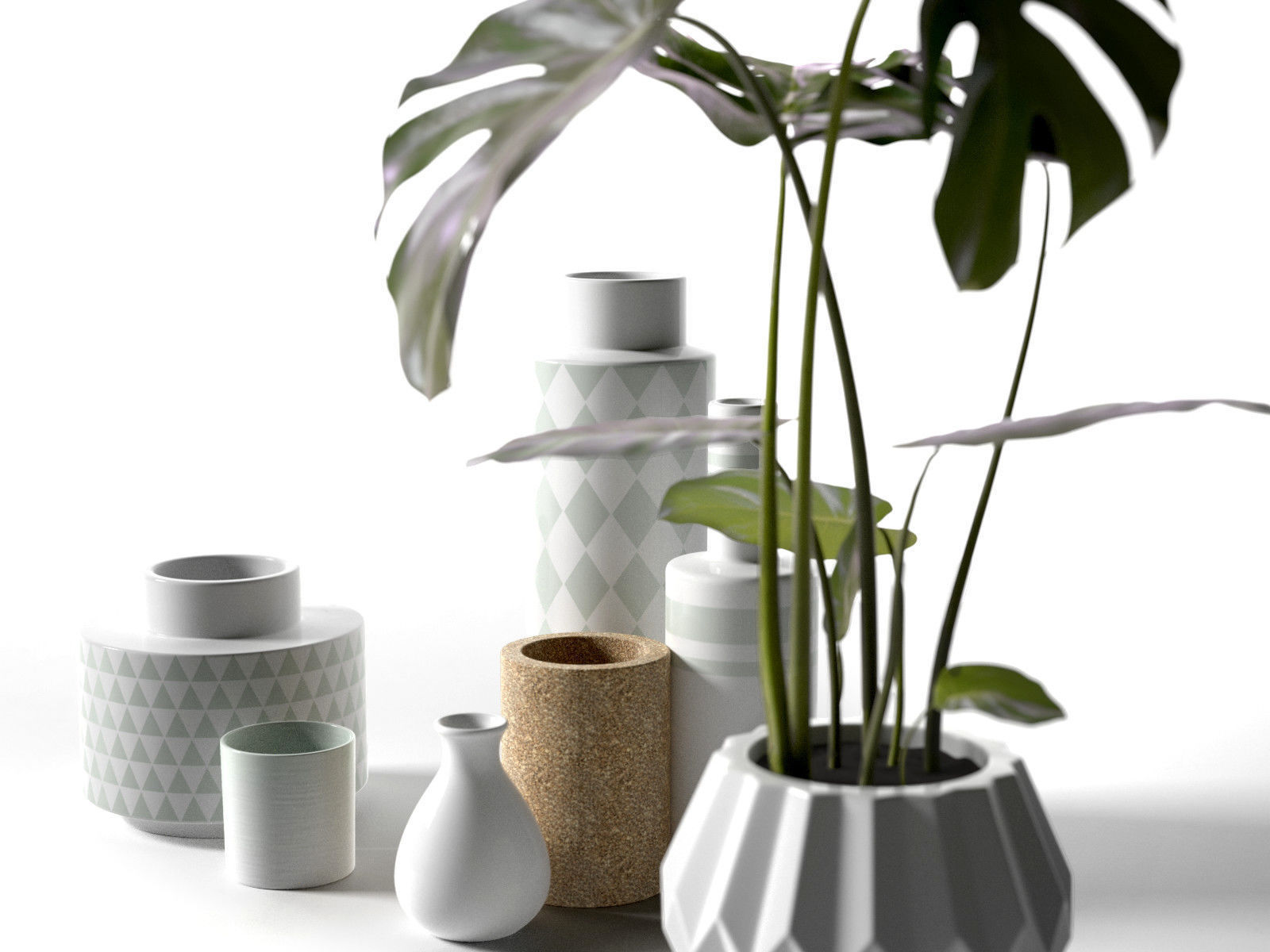 Vase Set with Monstera Plant 3D model_1