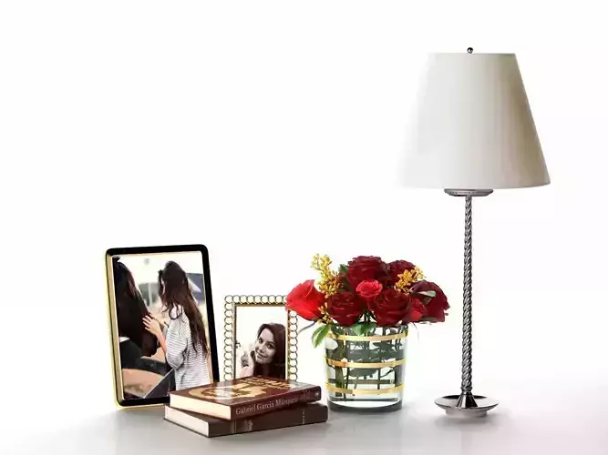 Pictures Books Roses in Glass Vase and Table Lamp