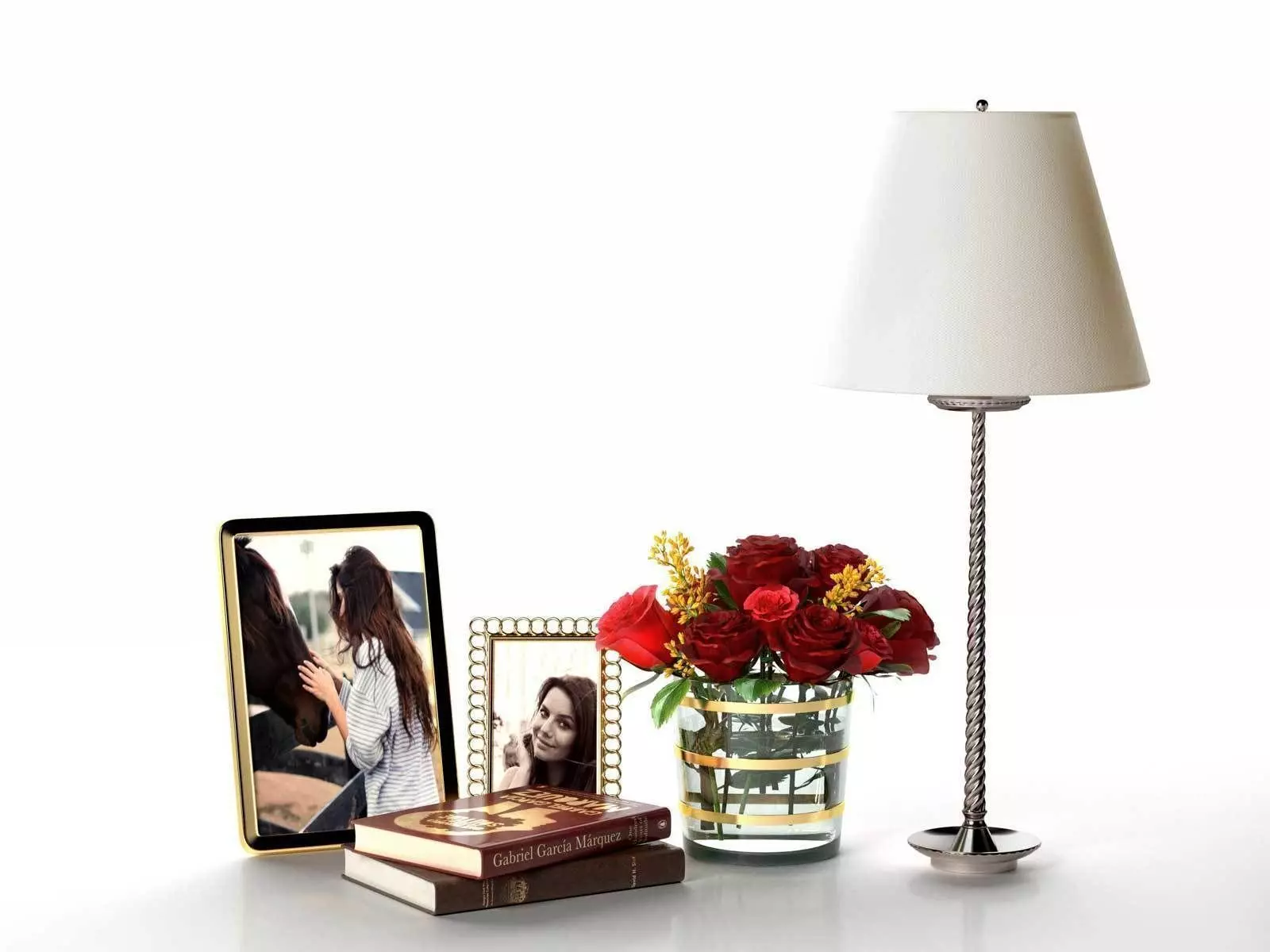 Pictures Books Roses in Glass Vase and Table Lamp 3D model_0