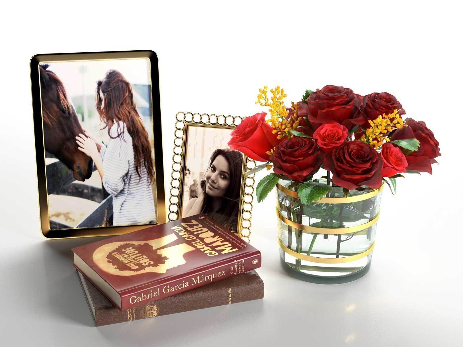 Pictures Books Roses in Glass Vase and Table Lamp 3D model_1