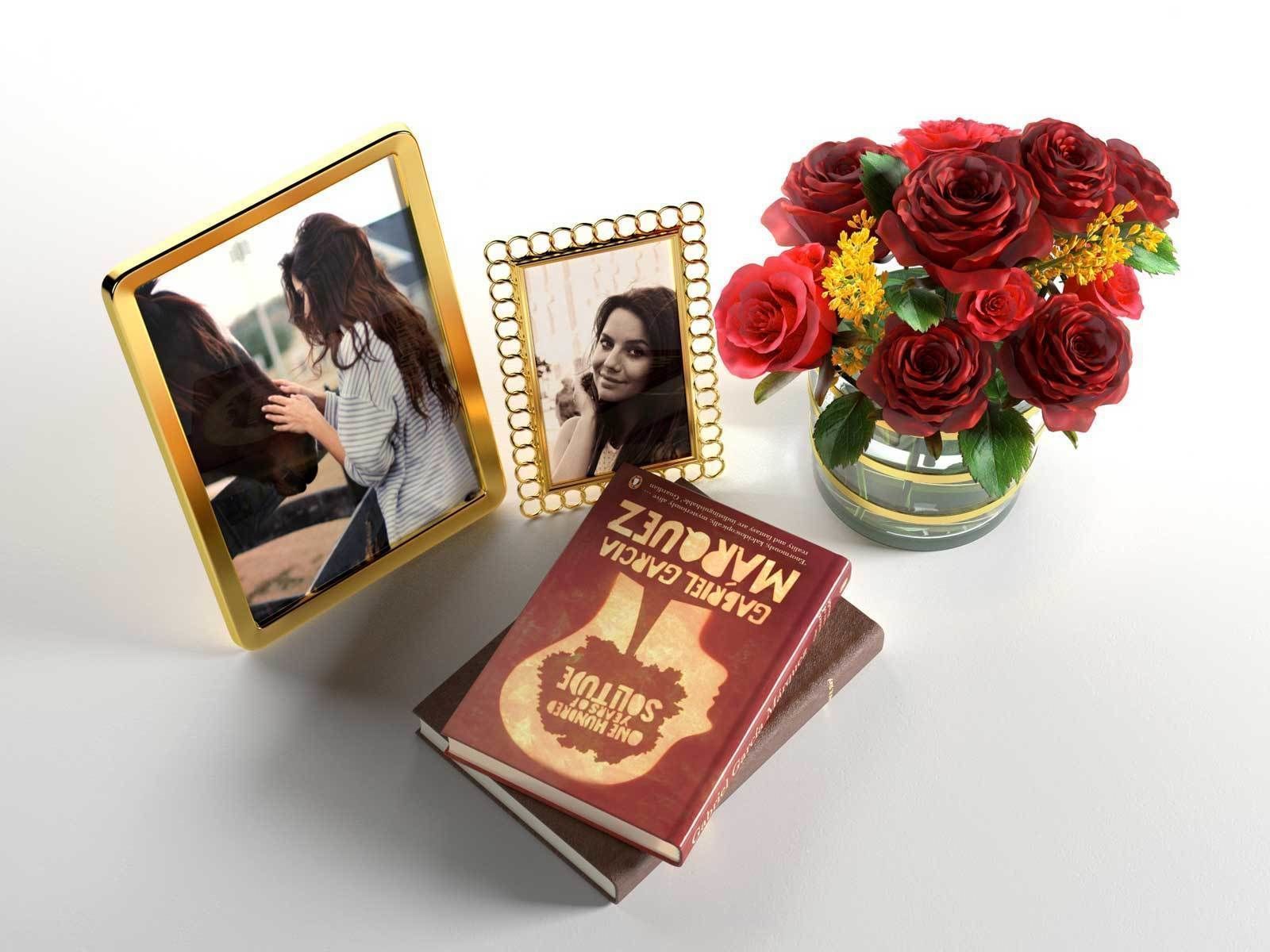 Pictures Books Roses in Glass Vase and Table Lamp 3D model_2