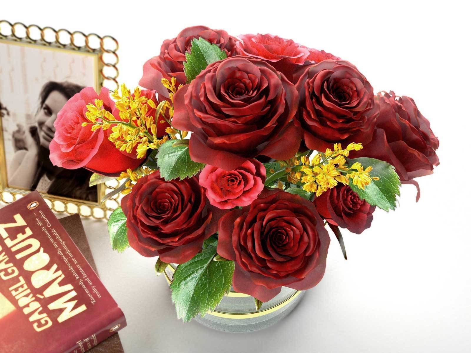 Pictures Books Roses in Glass Vase and Table Lamp 3D model_3