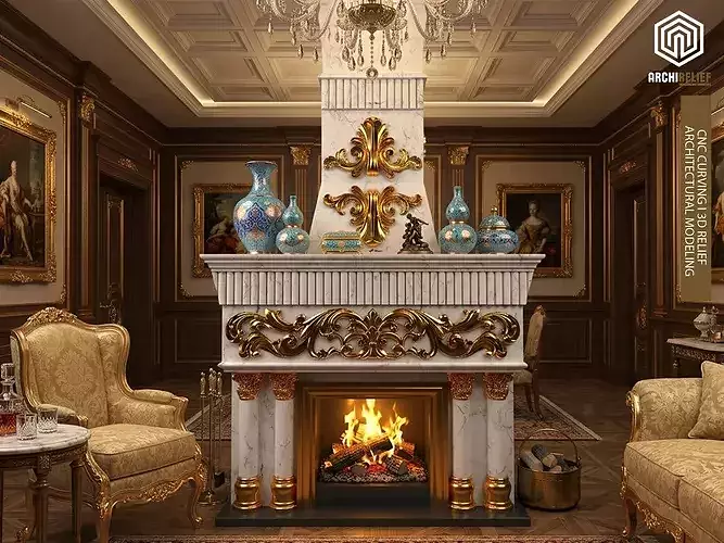 Classic Marble Fireplace - High Quality 3D Model 04