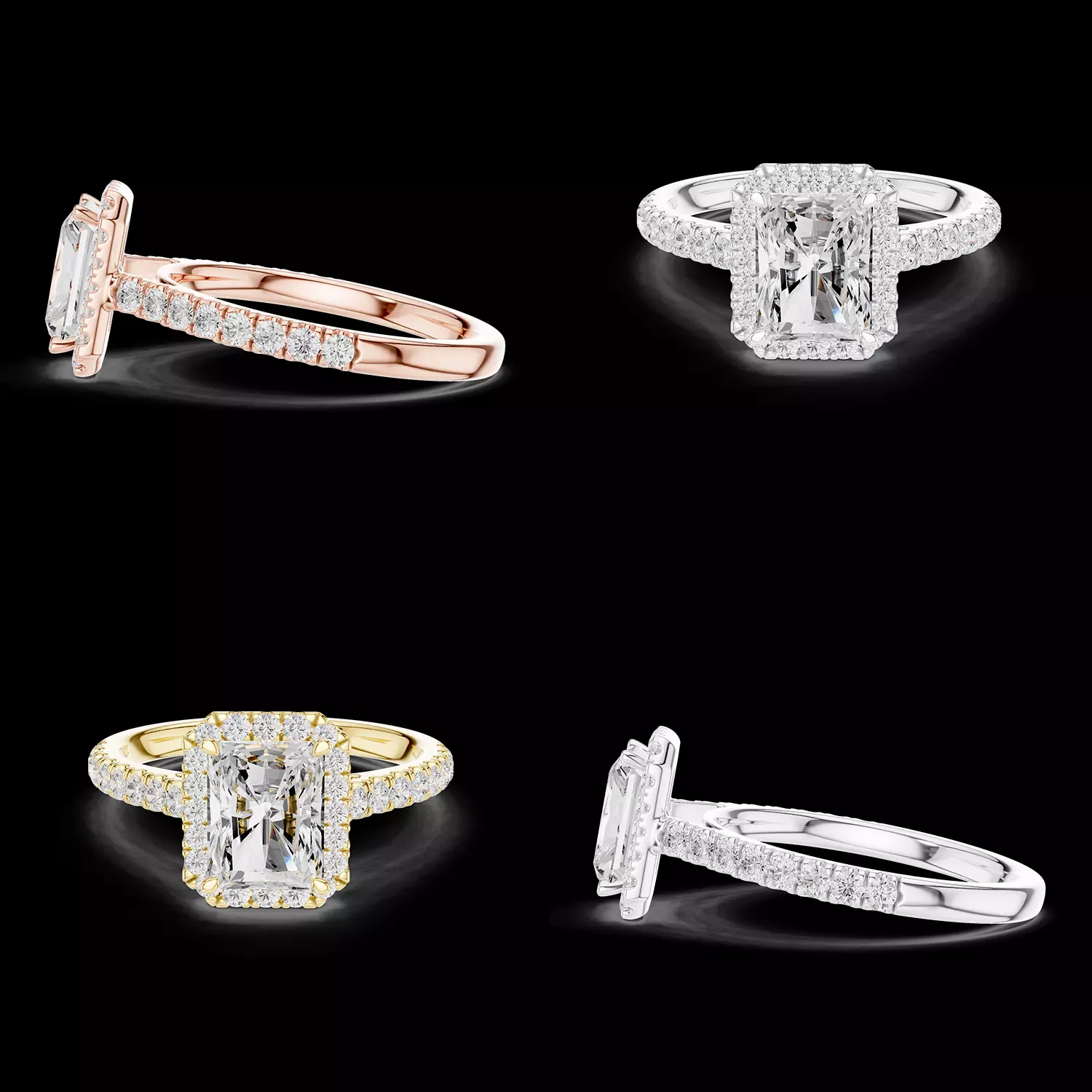 Radiant Halo Engagement Ring with Pave Band CAD 3D print model